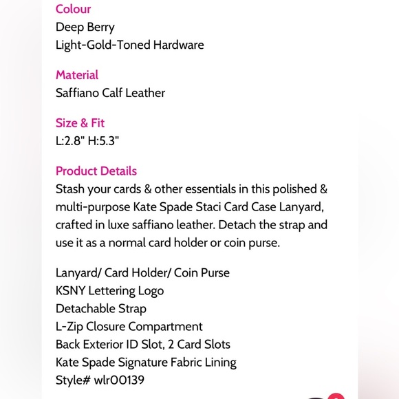 KATE SPADE STACI CARD CASE LANYARD IN DEEP BERRY NEW - Picture 5 of 7